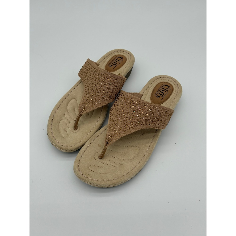 Cliffs by White Mountain Womens Tan Rhinestone Wedge Thong Sandals Size 8.5